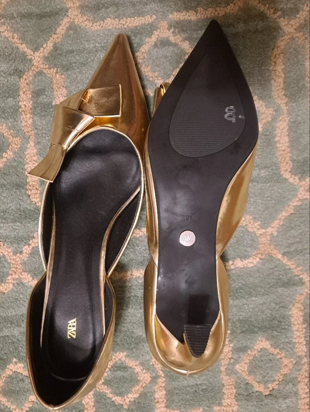 Zara Metallic Gold Pointed Bow D'Orsay With A Kitten Heel